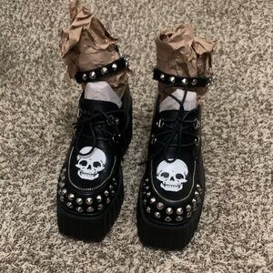 Lamoda Black Skull Platform Shoes with Studs, Size 8